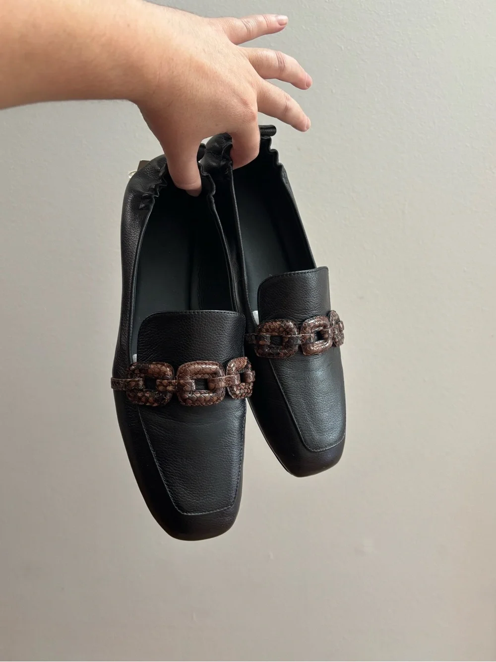 Sanctuary Black Slip on Loafers with Brown Buckles